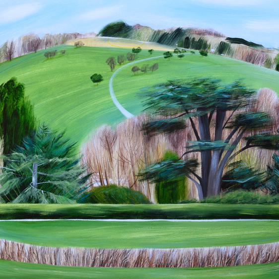 A painting of a landscape with rolling hills and trees.