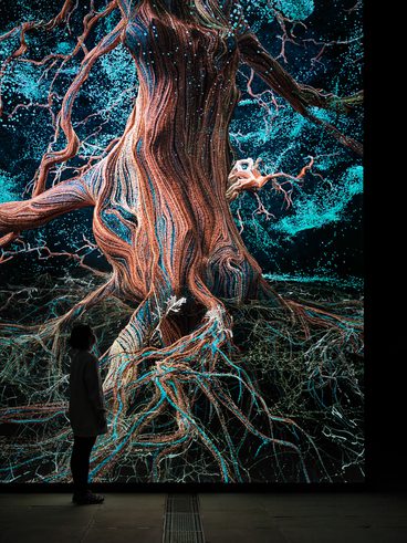 A woman in silhouette stands in front of a digital projection of an oak tree in a darkened gallery space.