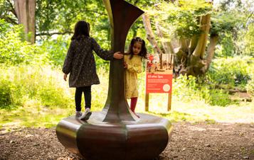 Two children standing on a circular metal object.