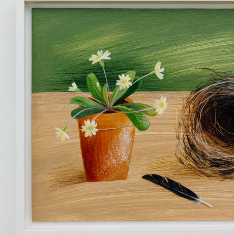 A painting of a pot of flowers and a birds nest.