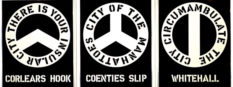 Three black and white paintings of circles with pop art lettering.