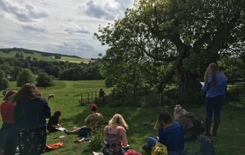 A group of people sitting and standing outdoors while sketching the landscape and trees.