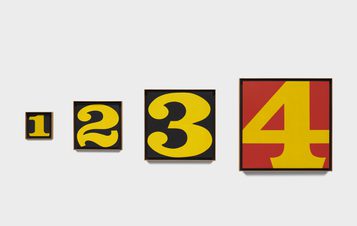 Four painted panels with the numbers 1–4 getting larger the higher the number.