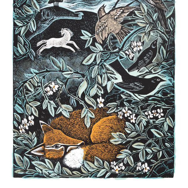 A linocut print depicting a sleeping fox, leaping horse and bird surrounded by foliage.