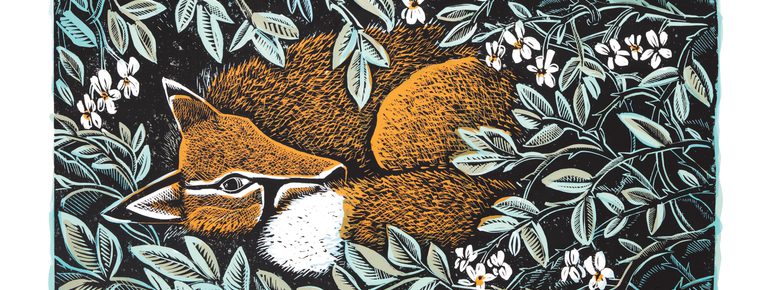 A linocut print depicting a sleeping fox, leaping horse and bird surrounded by foliage.
