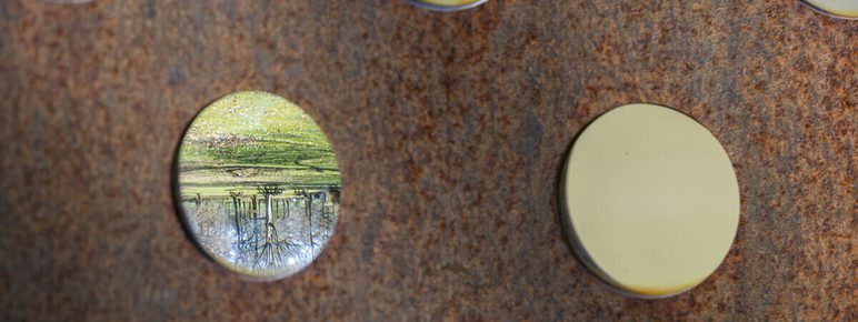 A close-up of a rusted metal panel featuring circular cut-outs. Through one of the holes, a reflection of a serene landscape with trees and grass is visible, contrasting with the rough texture of the metal surrounding it.