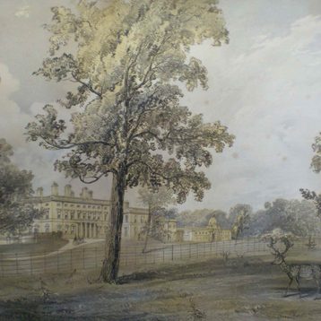 Landscape painting of historic hall surrounded by trees.