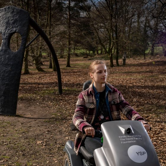 Visitor passing a sculpture in the parkland on a mobility scooter at YSP