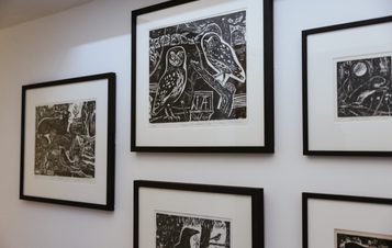 A series of framed woodcut prints of animals and birds, displayed on a white gallery wall.