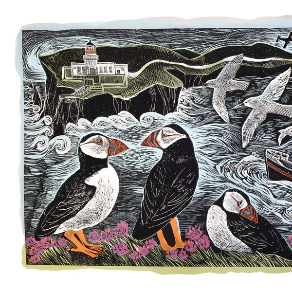 A vibrant illustration featuring three puffins on a cliff adorned with flowers. In the background, a lighthouse stands on a rocky shore, while seagulls soar above. A small boat navigates the choppy waters, surrounded by a dramatic coastal landscape.