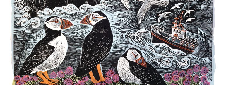 A vibrant illustration featuring three puffins on a cliff adorned with flowers. In the background, a lighthouse stands on a rocky shore, while seagulls soar above. A small boat navigates the choppy waters, surrounded by a dramatic coastal landscape.