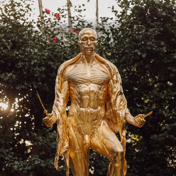 A gilded gold sculpture of a human figure with the skin removed revealing the musculature, displayed inside a glass house with large bushes. The figure is holding a knife and scissors.