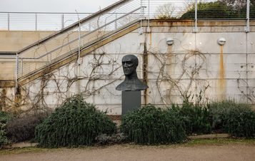 A bronze bust of a human head displayed on a tall grey plinth outdoors with a concrete staircase covered in climbing plants behind it.