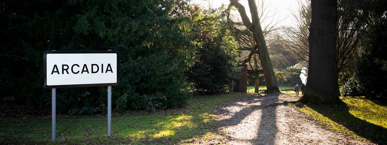 A white road sign with ARCADIA in black letters, outdoors near to some trees