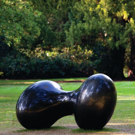 A black twisted form sculpture