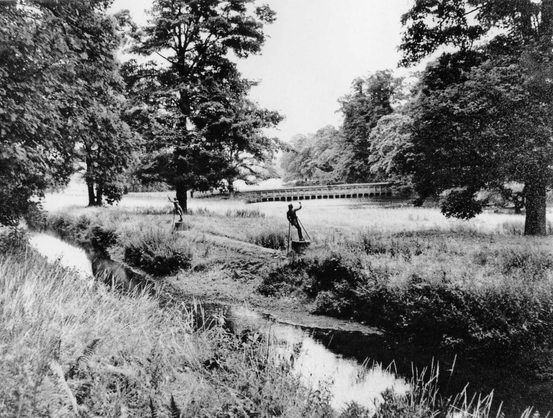 A black and white archive photo of The Cut waterway between two areas of grassland.
