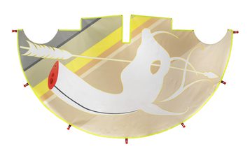 A large, curved fabric piece featuring a stylised design of a bow and arrow, with a white silhouette of a figure. The background includes shades of beige, grey, and yellow, with red accents. The edges are trimmed in bright yellow.