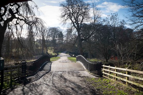 A cast iron bridge surrounded by trees