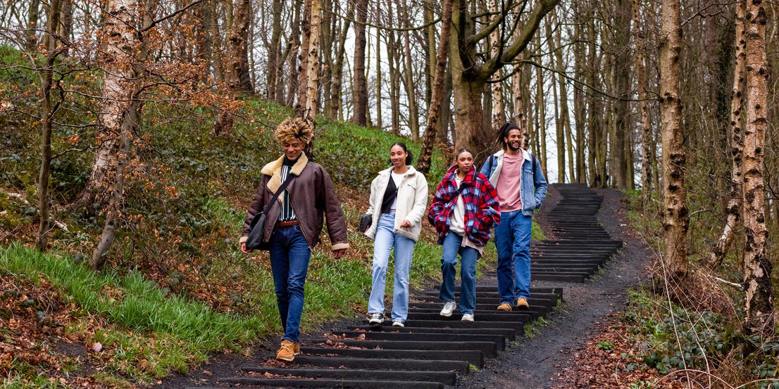 A group of people walking through woodland down David Nash's Seventy One Steps.