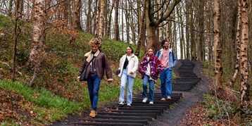 A group of people walking through woodland down David Nash's Seventy One Steps.