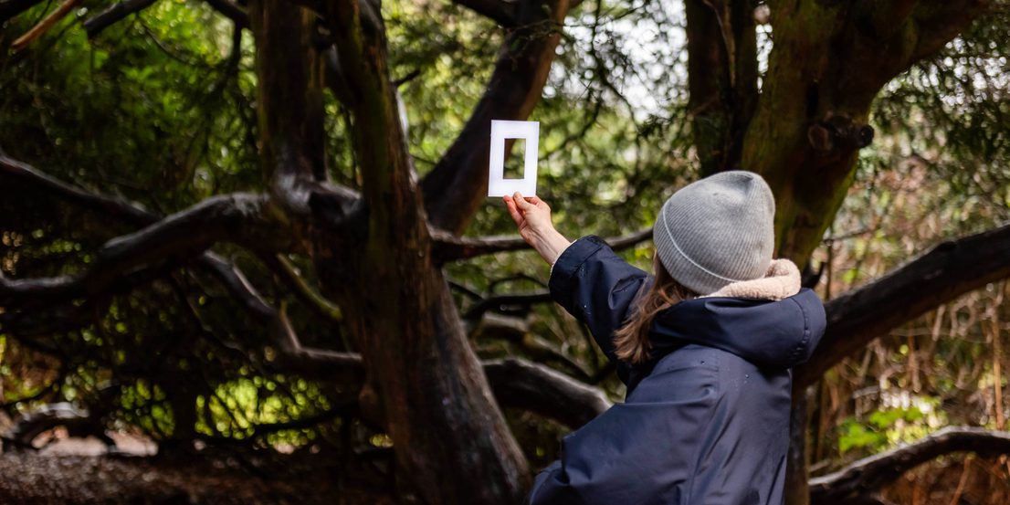 A person wearing a woolly hat and coat, holding a viewfinder up to a tree