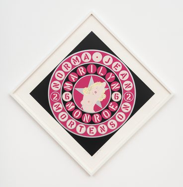 A black diamond shaped serigraph print with a pop art image of a topless Marilyn Monroe. Red circular text reads NORMAL JEAN MORTENSON, MARILYJN MONROE 26 62