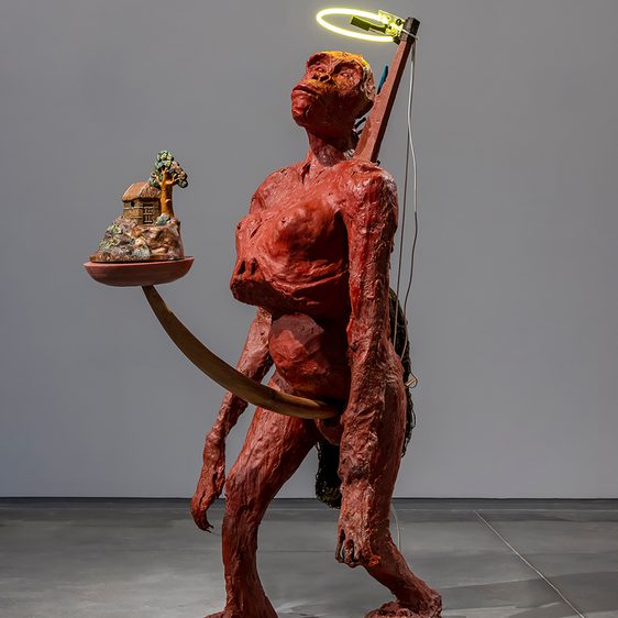 A red ape-like sculpture, with a glowing halo and a small house on a platform coming out of it's stomach.