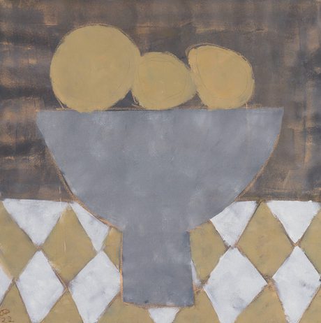 A painting of a bowl of fruit on a checked table cloth.