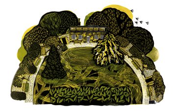A lithograph print of a garden in shades of yellow and green