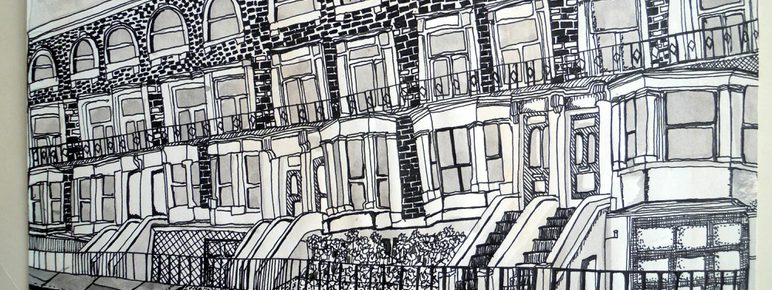 A pen and ink drawing of a row of terraced houses