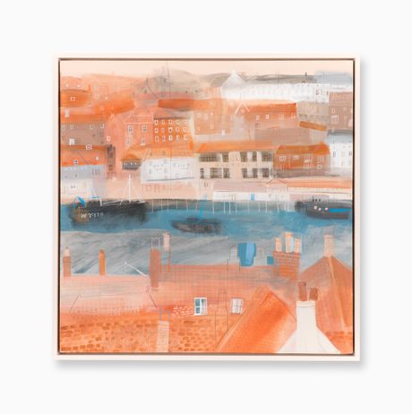 Painting of houses by a quay.