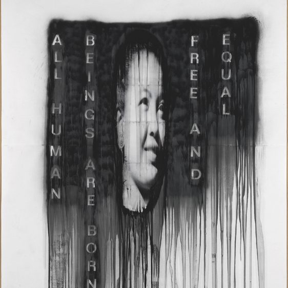 Painting of a woman's face between text.