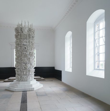 Nine-tiered porcelain column sculpture in the Chapel at YSP.