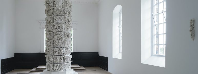 Nine-tiered porcelain column sculpture in the Chapel at YSP.