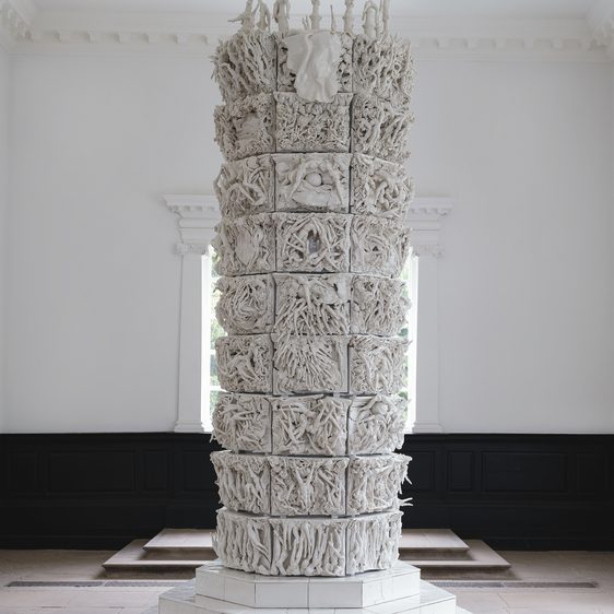 Nine-tiered porcelain column sculpture in the chapel at YSP.