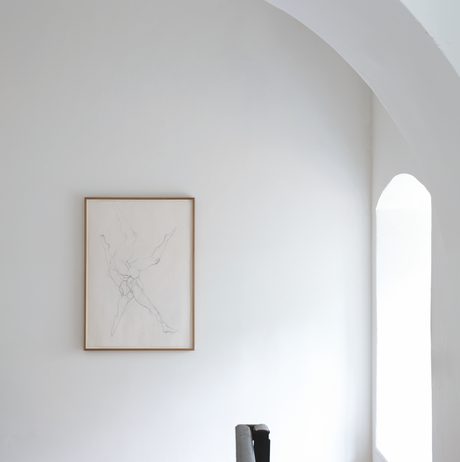 Framed pencil drawing of legs, hung on the wall of the Chapel at YSP.