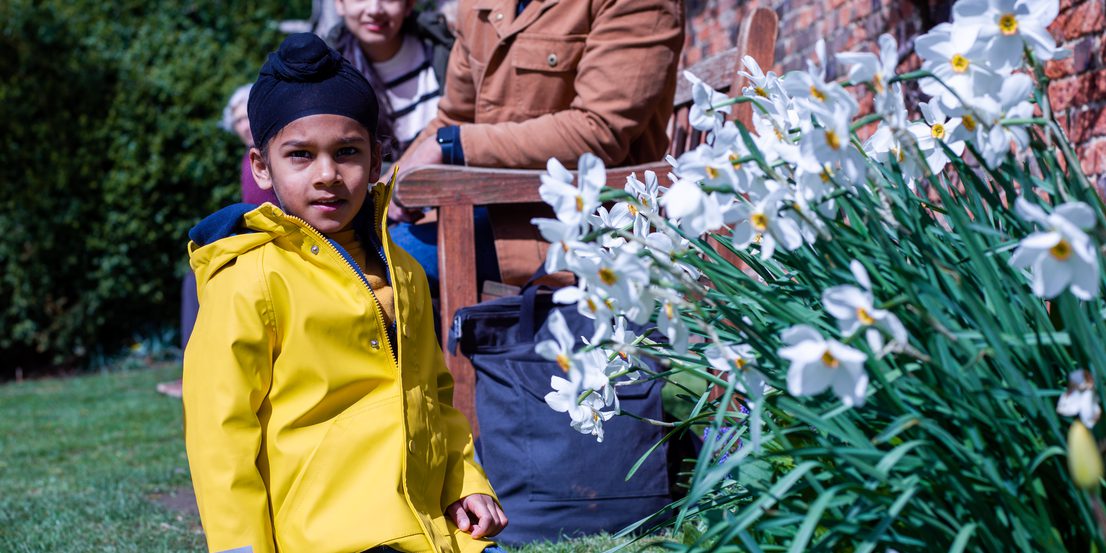 A child in a yellow rain jacket sitting on the ground near a patch of daffodils while his parents sit on a bench behind him.