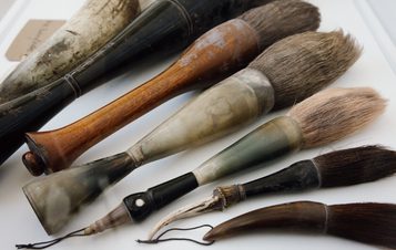 A collection of various paintbrushes displayed on a white surface. The brushes feature different handle materials, including wood and horn, with bristles of varying textures and lengths, showcasing a range of artistic tools.