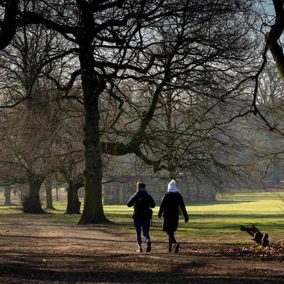 Two people walking outdoors at YSP. Trees and sculptures can be seen in the distance.