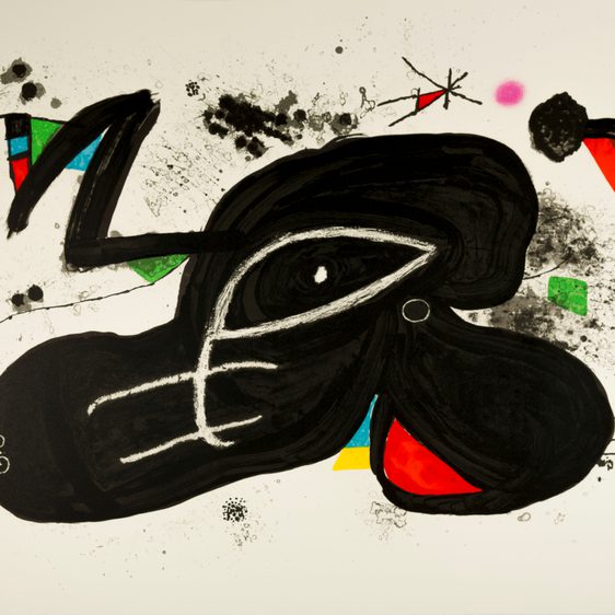 An abstract print by Joan Miro, with black red and blue shapes.