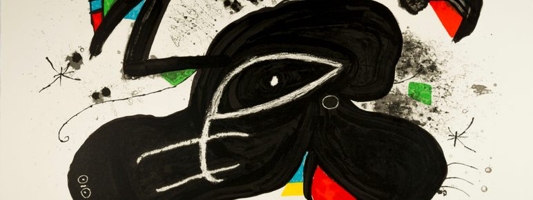An abstract print by Joan Miro, with black red and blue shapes.