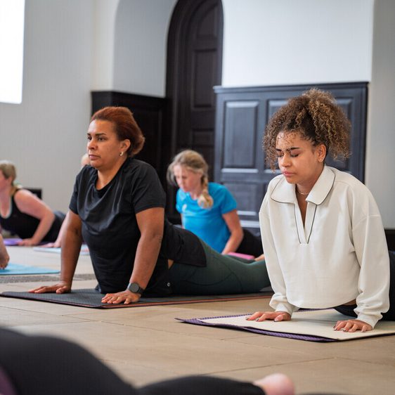 A group of people practising yoga in a spacious room. Two women are in the foreground, one in a black top and the other in a white sweatshirt, both in a cobra pose. Others are visible in the background, engaged in various yoga positions.