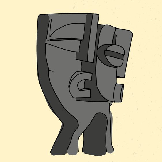 An illustration of a black and grey face sculpture, on a pale yellow background.