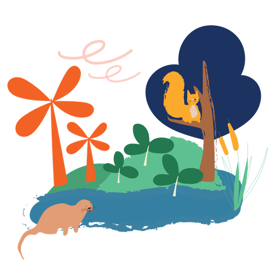 An illustration of trees and animals.