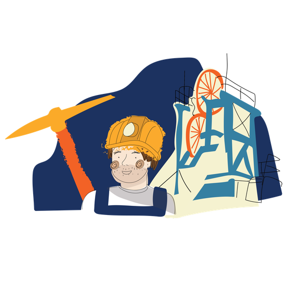 Illustration of a coat miner wearing a hard hat and holding a pick axe, with mining machinery.