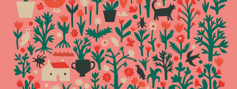 A vibrant, whimsical illustration featuring a variety of plants, flowers, and animals. It includes a person in a red dress tending to a garden, alongside chickens, a cat, a dog, and various potted plants, all set against a coral background.