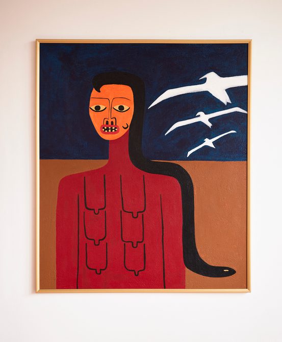 A painting of a female figure with six breasts and a snake for hair.