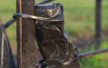 A cylindrical object wrapped in black Gaffa tape, attached to a metal fence.