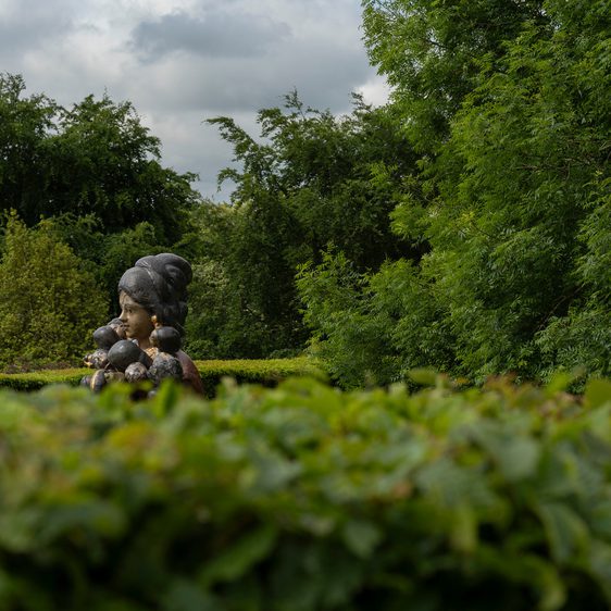 The head of a large golu doll figure emerging above a hedgerow.