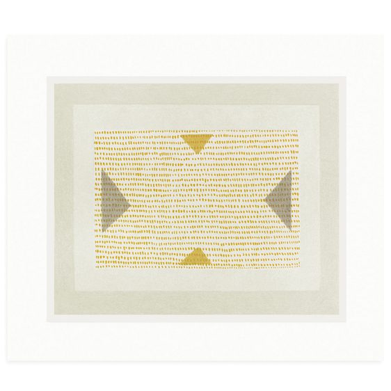 A orange, green and blue print with made up of small dots and triangles.